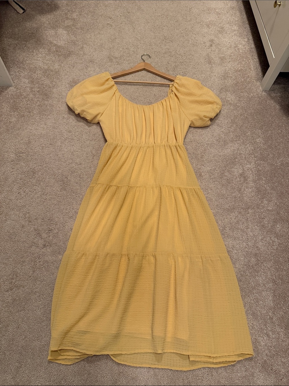 Astr Sunny Yellow Puff-Sleeve Tiered Maxi Dress
